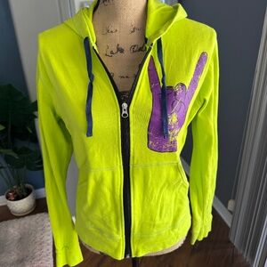 Zumba Neon Green Zip Up Hoodie Purple Graphic Large
